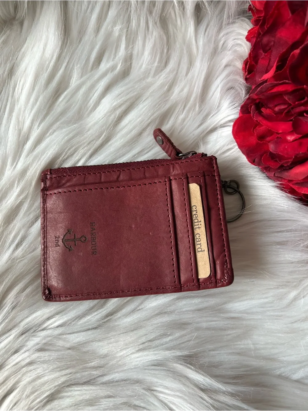 Red Leather Zip Card Holder Wallet with Anchor Detail